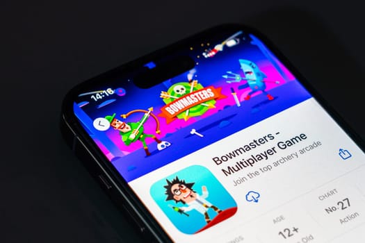 New York, USA - December 20, 2024: Bowmasters game app displayed on smartphone screen with logo. Multiplayer action game featuring unique characters and exciting gameplay