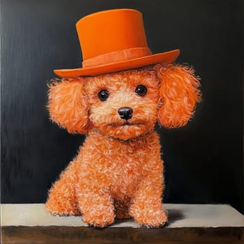 Brown-orange poodle in a orange hat on a black background