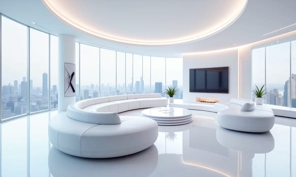 A spacious living room features curved white furniture and large windows that showcase stunning city views in bright daylight - Generative AI