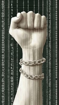 Powerful fist, adorned with intricate patterns, is breaking free from heavy chains, symbolizing the struggle for freedom and equality
