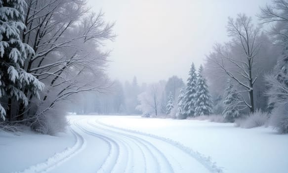A tranquil winter landscape features a winding snowy path leading through frost-covered trees under soft morning light - Generative AI
