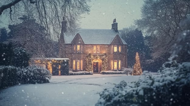Country manor decorated for Christmas, Merry Christmas holiday idea
