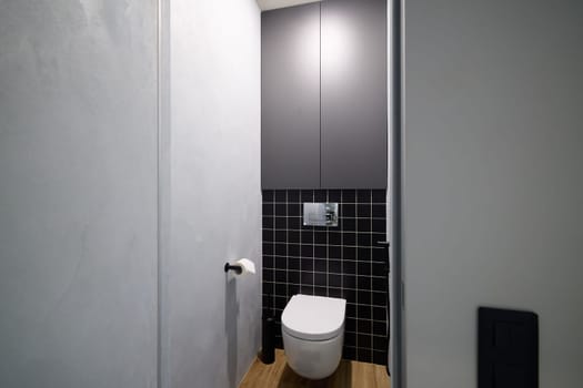 This sleek, modern bathroom design features a stunningly minimalist toilet alongside stylish cabinetry options