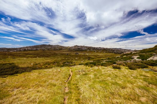 Landscape views along the Porcupine Walking Track on a summer's day in Kosciuszko National Park, Snowy Mountains, New South Wales, Australia