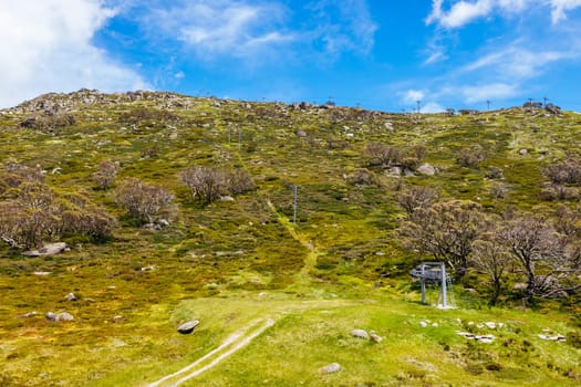 Perisher village views in summer in Kosciuszko National Park, Snowy Mountains, New South Wales, Australia