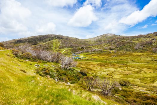 Perisher village views in summer in Kosciuszko National Park, Snowy Mountains, New South Wales, Australia