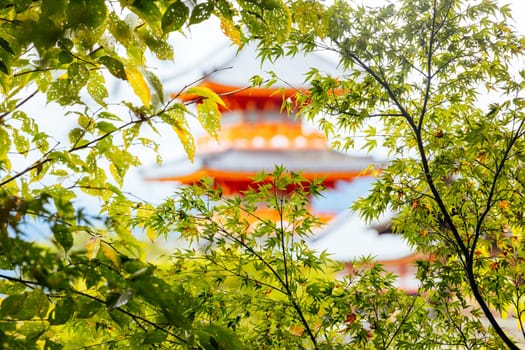 The iconic Kiyomizu-dera temple and mountain view on a sunny spring day in Kyoto, Japan