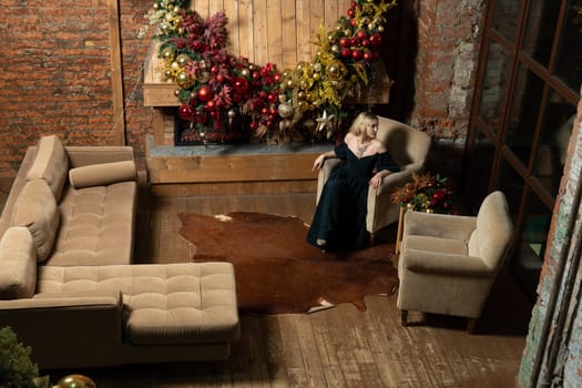 holiday home tree cozy celebration young year woman alone new girl fireplace christmas