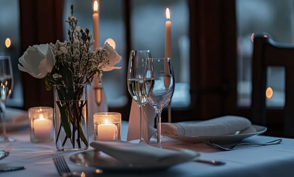 Festive table setting with candles and arrangement of beautiful red flowers. Holiday concept. High quality photo
