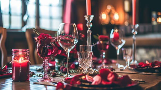 Festive table setting with candles and arrangement of beautiful red flowers. Holiday concept. High quality photo