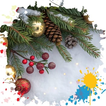 Festive Christmas and New Year Decoration with Snow.Space for text.A beautifully arranged Christmas and New Year decoration featuring snow-covered pine branches adorned with golden and red baubles, pinecones, and vibrant red berries. The scene captures the essence of the holiday season with its festive ornaments and a gentle snowfall, creating a warm and inviting winter atmosphere.