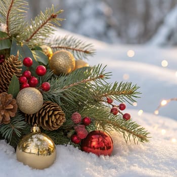 Festive Christmas and New Year Decoration with Snow.Space for text.A beautifully arranged Christmas and New Year decoration featuring snow-covered pine branches adorned with golden and red baubles, pinecones, and vibrant red berries. The scene captures the essence of the holiday season with its festive ornaments and a gentle snowfall, creating a warm and inviting winter atmosphere.