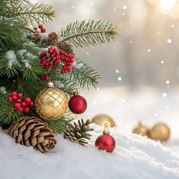 Festive Christmas and New Year Decoration with Snow.Space for text.A beautifully arranged Christmas and New Year decoration featuring snow-covered pine branches adorned with golden and red baubles, pinecones, and vibrant red berries. The scene captures the essence of the holiday season with its festive ornaments and a gentle snowfall, creating a warm and inviting winter atmosphere.