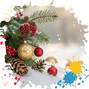 Festive Christmas and New Year Decoration with Snow.Space for text.A beautifully arranged Christmas and New Year decoration featuring snow-covered pine branches adorned with golden and red baubles, pinecones, and vibrant red berries. The scene captures the essence of the holiday season with its festive ornaments and a gentle snowfall, creating a warm and inviting winter atmosphere.