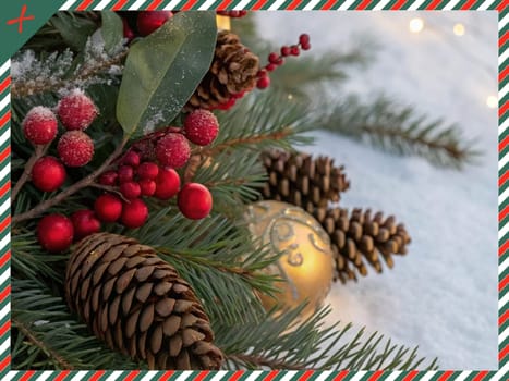 Festive Christmas and New Year Decoration with Snow.Space for text.A beautifully arranged Christmas and New Year decoration featuring snow-covered pine branches adorned with golden and red baubles, pinecones, and vibrant red berries. The scene captures the essence of the holiday season with its festive ornaments and a gentle snowfall, creating a warm and inviting winter atmosphere.