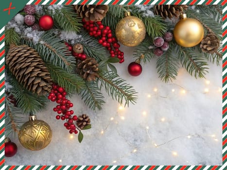 Festive Christmas and New Year Decoration with Snow.Space for text.A beautifully arranged Christmas and New Year decoration featuring snow-covered pine branches adorned with golden and red baubles, pinecones, and vibrant red berries. The scene captures the essence of the holiday season with its festive ornaments and a gentle snowfall, creating a warm and inviting winter atmosphere.