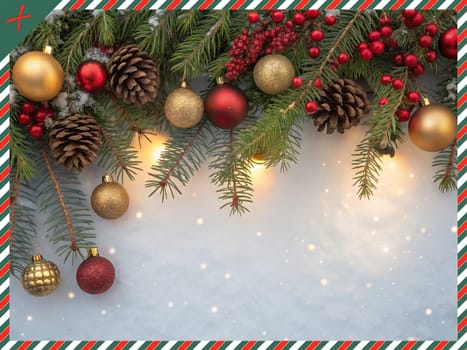 Festive Christmas and New Year Decoration with Snow.Space for text.A beautifully arranged Christmas and New Year decoration featuring snow-covered pine branches adorned with golden and red baubles, pinecones, and vibrant red berries. The scene captures the essence of the holiday season with its festive ornaments and a gentle snowfall, creating a warm and inviting winter atmosphere.