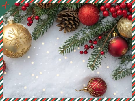 Festive Christmas and New Year Decoration with Snow.Space for text.A beautifully arranged Christmas and New Year decoration featuring snow-covered pine branches adorned with golden and red baubles, pinecones, and vibrant red berries. The scene captures the essence of the holiday season with its festive ornaments and a gentle snowfall, creating a warm and inviting winter atmosphere.