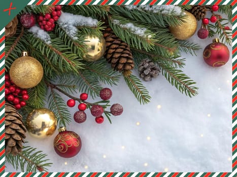 Festive Christmas and New Year Decoration with Snow.Space for text.A beautifully arranged Christmas and New Year decoration featuring snow-covered pine branches adorned with golden and red baubles, pinecones, and vibrant red berries. The scene captures the essence of the holiday season with its festive ornaments and a gentle snowfall, creating a warm and inviting winter atmosphere.