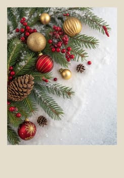 Festive Christmas and New Year Decoration with Snow.Space for text.A beautifully arranged Christmas and New Year decoration featuring snow-covered pine branches adorned with golden and red baubles, pinecones, and vibrant red berries. The scene captures the essence of the holiday season with its festive ornaments and a gentle snowfall, creating a warm and inviting winter atmosphere.