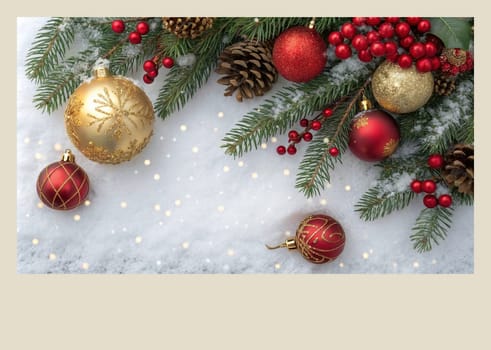 Festive Christmas and New Year Decoration with Snow.Space for text.A beautifully arranged Christmas and New Year decoration featuring snow-covered pine branches adorned with golden and red baubles, pinecones, and vibrant red berries. The scene captures the essence of the holiday season with its festive ornaments and a gentle snowfall, creating a warm and inviting winter atmosphere.