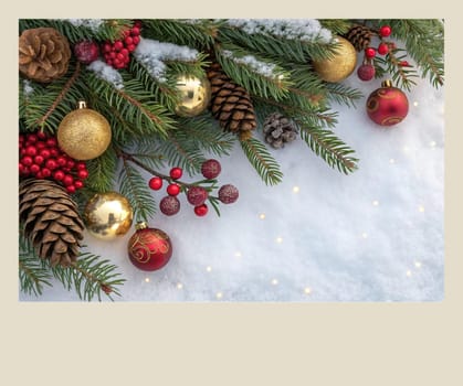 Festive Christmas and New Year Decoration with Snow.Space for text.A beautifully arranged Christmas and New Year decoration featuring snow-covered pine branches adorned with golden and red baubles, pinecones, and vibrant red berries. The scene captures the essence of the holiday season with its festive ornaments and a gentle snowfall, creating a warm and inviting winter atmosphere.