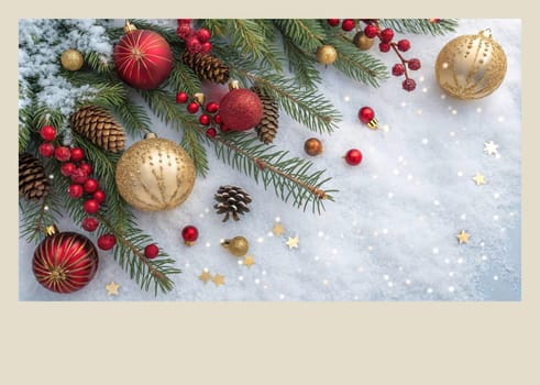Festive Christmas and New Year Decoration with Snow.Space for text.A beautifully arranged Christmas and New Year decoration featuring snow-covered pine branches adorned with golden and red baubles, pinecones, and vibrant red berries. The scene captures the essence of the holiday season with its festive ornaments and a gentle snowfall, creating a warm and inviting winter atmosphere.