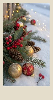 Festive Christmas and New Year Decoration with Snow.Space for text.A beautifully arranged Christmas and New Year decoration featuring snow-covered pine branches adorned with golden and red baubles, pinecones, and vibrant red berries. The scene captures the essence of the holiday season with its festive ornaments and a gentle snowfall, creating a warm and inviting winter atmosphere.
