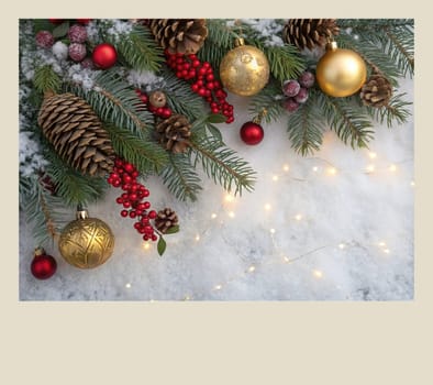 Festive Christmas and New Year Decoration with Snow.Space for text.A beautifully arranged Christmas and New Year decoration featuring snow-covered pine branches adorned with golden and red baubles, pinecones, and vibrant red berries. The scene captures the essence of the holiday season with its festive ornaments and a gentle snowfall, creating a warm and inviting winter atmosphere.