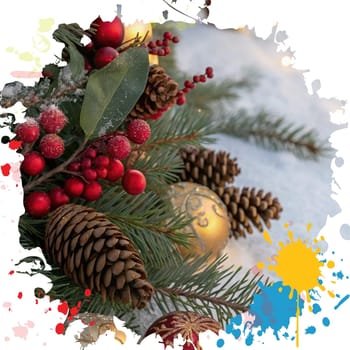 Festive Christmas and New Year Decoration with Snow.Space for text.A beautifully arranged Christmas and New Year decoration featuring snow-covered pine branches adorned with golden and red baubles, pinecones, and vibrant red berries. The scene captures the essence of the holiday season with its festive ornaments and a gentle snowfall, creating a warm and inviting winter atmosphere.