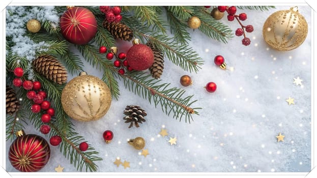 Festive Christmas and New Year Decoration with Snow.Space for text.A beautifully arranged Christmas and New Year decoration featuring snow-covered pine branches adorned with golden and red baubles, pinecones, and vibrant red berries. The scene captures the essence of the holiday season with its festive ornaments and a gentle snowfall, creating a warm and inviting winter atmosphere.