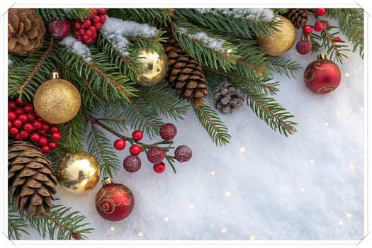 Festive Christmas and New Year Decoration with Snow.Space for text.A beautifully arranged Christmas and New Year decoration featuring snow-covered pine branches adorned with golden and red baubles, pinecones, and vibrant red berries. The scene captures the essence of the holiday season with its festive ornaments and a gentle snowfall, creating a warm and inviting winter atmosphere.