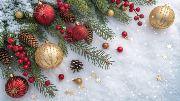 Festive Christmas and New Year Decoration with Snow.Space for text.A beautifully arranged Christmas and New Year decoration featuring snow-covered pine branches adorned with golden and red baubles, pinecones, and vibrant red berries. The scene captures the essence of the holiday season with its festive ornaments and a gentle snowfall, creating a warm and inviting winter atmosphere.