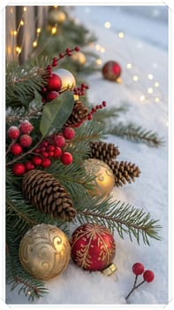 Festive Christmas and New Year Decoration with Snow.Space for text.A beautifully arranged Christmas and New Year decoration featuring snow-covered pine branches adorned with golden and red baubles, pinecones, and vibrant red berries. The scene captures the essence of the holiday season with its festive ornaments and a gentle snowfall, creating a warm and inviting winter atmosphere.