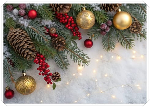 Festive Christmas and New Year Decoration with Snow.Space for text.A beautifully arranged Christmas and New Year decoration featuring snow-covered pine branches adorned with golden and red baubles, pinecones, and vibrant red berries. The scene captures the essence of the holiday season with its festive ornaments and a gentle snowfall, creating a warm and inviting winter atmosphere.