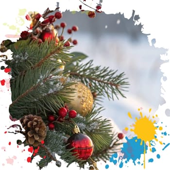 Festive Christmas and New Year Decoration with Snow.Space for text.A beautifully arranged Christmas and New Year decoration featuring snow-covered pine branches adorned with golden and red baubles, pinecones, and vibrant red berries. The scene captures the essence of the holiday season with its festive ornaments and a gentle snowfall, creating a warm and inviting winter atmosphere.
