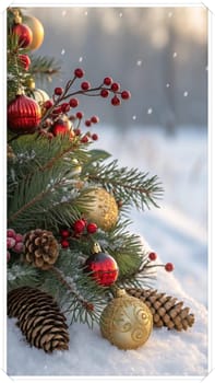 Festive Christmas and New Year Decoration with Snow.Space for text.A beautifully arranged Christmas and New Year decoration featuring snow-covered pine branches adorned with golden and red baubles, pinecones, and vibrant red berries. The scene captures the essence of the holiday season with its festive ornaments and a gentle snowfall, creating a warm and inviting winter atmosphere.