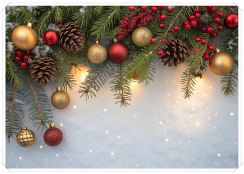 Festive Christmas and New Year Decoration with Snow.Space for text.A beautifully arranged Christmas and New Year decoration featuring snow-covered pine branches adorned with golden and red baubles, pinecones, and vibrant red berries. The scene captures the essence of the holiday season with its festive ornaments and a gentle snowfall, creating a warm and inviting winter atmosphere.