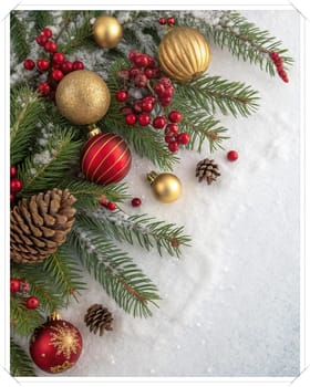 Festive Christmas and New Year Decoration with Snow.Space for text.A beautifully arranged Christmas and New Year decoration featuring snow-covered pine branches adorned with golden and red baubles, pinecones, and vibrant red berries. The scene captures the essence of the holiday season with its festive ornaments and a gentle snowfall, creating a warm and inviting winter atmosphere.