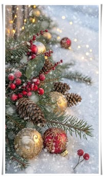 Festive Christmas and New Year Decoration with Snow.Space for text.A beautifully arranged Christmas and New Year decoration featuring snow-covered pine branches adorned with golden and red baubles, pinecones, and vibrant red berries. The scene captures the essence of the holiday season with its festive ornaments and a gentle snowfall, creating a warm and inviting winter atmosphere.