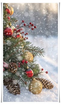 Festive Christmas and New Year Decoration with Snow.Space for text.A beautifully arranged Christmas and New Year decoration featuring snow-covered pine branches adorned with golden and red baubles, pinecones, and vibrant red berries. The scene captures the essence of the holiday season with its festive ornaments and a gentle snowfall, creating a warm and inviting winter atmosphere.