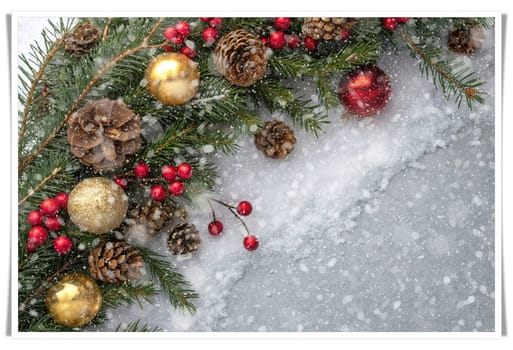 Festive Christmas and New Year Decoration with Snow.Space for text.A beautifully arranged Christmas and New Year decoration featuring snow-covered pine branches adorned with golden and red baubles, pinecones, and vibrant red berries. The scene captures the essence of the holiday season with its festive ornaments and a gentle snowfall, creating a warm and inviting winter atmosphere.