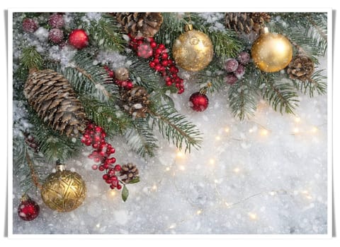 Festive Christmas and New Year Decoration with Snow.Space for text.A beautifully arranged Christmas and New Year decoration featuring snow-covered pine branches adorned with golden and red baubles, pinecones, and vibrant red berries. The scene captures the essence of the holiday season with its festive ornaments and a gentle snowfall, creating a warm and inviting winter atmosphere.