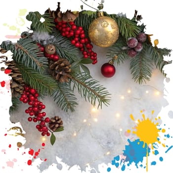 Festive Christmas and New Year Decoration with Snow.Space for text.A beautifully arranged Christmas and New Year decoration featuring snow-covered pine branches adorned with golden and red baubles, pinecones, and vibrant red berries. The scene captures the essence of the holiday season with its festive ornaments and a gentle snowfall, creating a warm and inviting winter atmosphere.