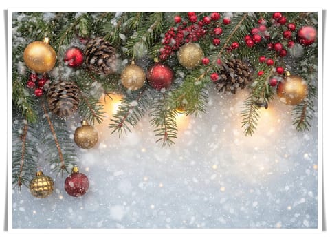 Festive Christmas and New Year Decoration with Snow.Space for text.A beautifully arranged Christmas and New Year decoration featuring snow-covered pine branches adorned with golden and red baubles, pinecones, and vibrant red berries. The scene captures the essence of the holiday season with its festive ornaments and a gentle snowfall, creating a warm and inviting winter atmosphere.