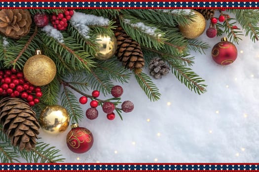 Festive Christmas and New Year Decoration with Snow.Space for text.A beautifully arranged Christmas and New Year decoration featuring snow-covered pine branches adorned with golden and red baubles, pinecones, and vibrant red berries. The scene captures the essence of the holiday season with its festive ornaments and a gentle snowfall, creating a warm and inviting winter atmosphere.