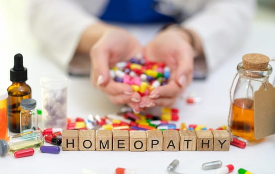 A variety of homeopathic remedies with colorful pills and tinctures promoting holistic health and wellbeing