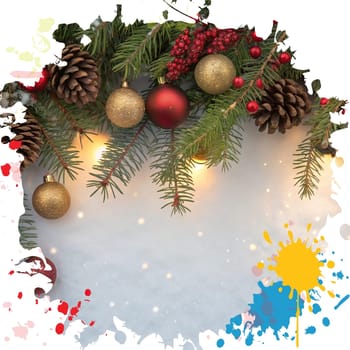 Festive Christmas and New Year Decoration with Snow.Space for text.A beautifully arranged Christmas and New Year decoration featuring snow-covered pine branches adorned with golden and red baubles, pinecones, and vibrant red berries. The scene captures the essence of the holiday season with its festive ornaments and a gentle snowfall, creating a warm and inviting winter atmosphere.