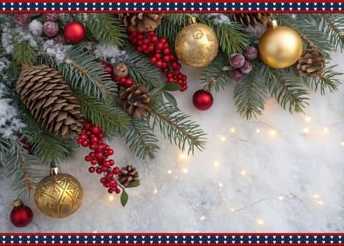 Festive Christmas and New Year Decoration with Snow.Space for text.A beautifully arranged Christmas and New Year decoration featuring snow-covered pine branches adorned with golden and red baubles, pinecones, and vibrant red berries. The scene captures the essence of the holiday season with its festive ornaments and a gentle snowfall, creating a warm and inviting winter atmosphere.