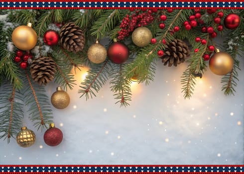 Festive Christmas and New Year Decoration with Snow.Space for text.A beautifully arranged Christmas and New Year decoration featuring snow-covered pine branches adorned with golden and red baubles, pinecones, and vibrant red berries. The scene captures the essence of the holiday season with its festive ornaments and a gentle snowfall, creating a warm and inviting winter atmosphere.